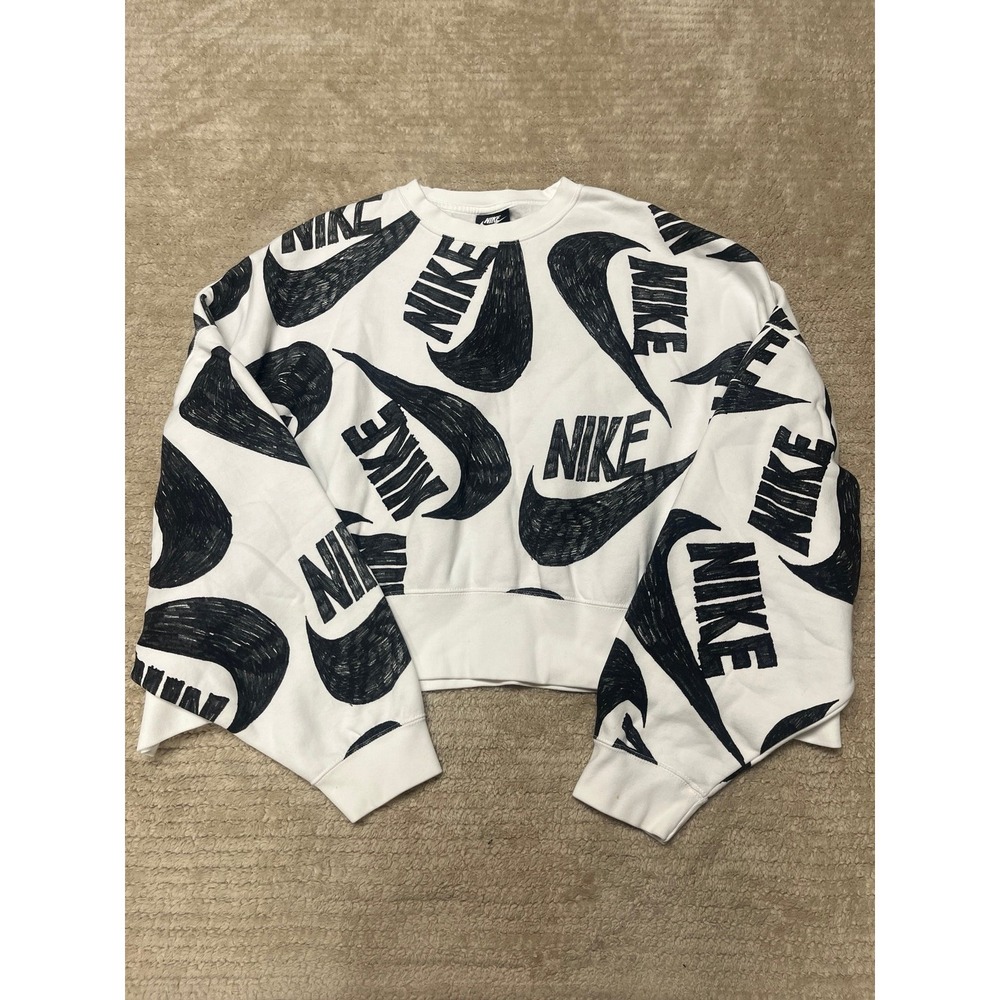 Nike Women 2x Sweatshirt Big Logo White Sportswear Allover Print Fleece Crew